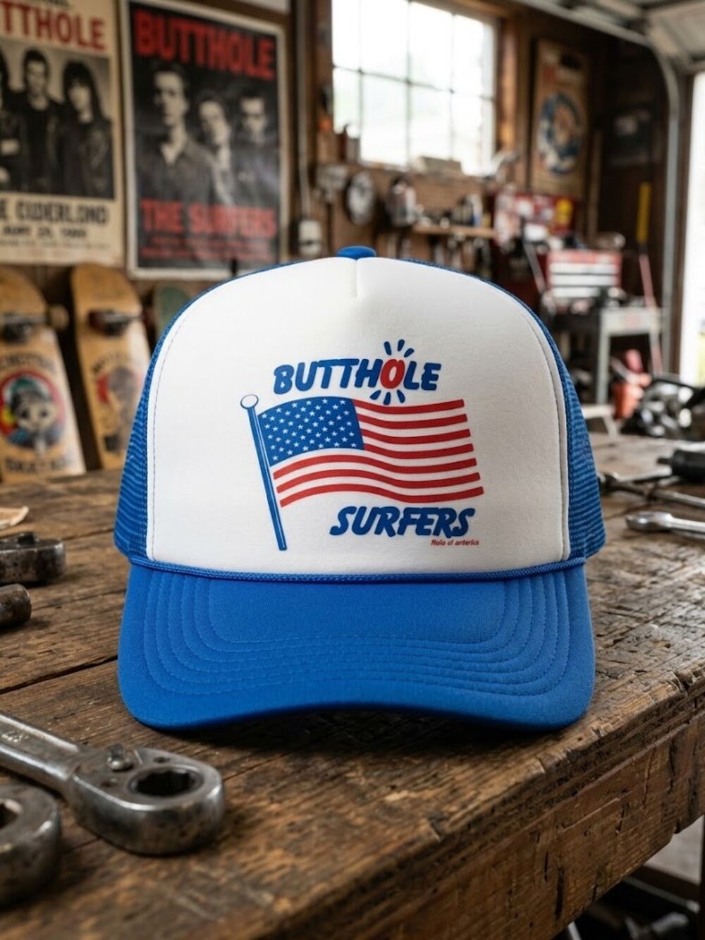 Retro Butthole Surfers Hat Punk Rock Flag Blue White Foam Rope Snapback Cap USA
